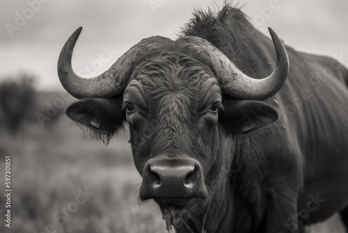 buffalo looking at camera in black and white, beautiful background, ai generated.