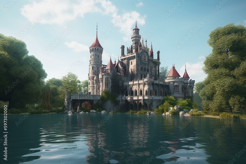 Fantasy castle by tropical lake in coastal city. Generative AI