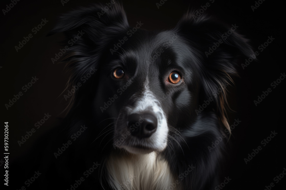 border collie looking at the camera, black background, ai generated.
