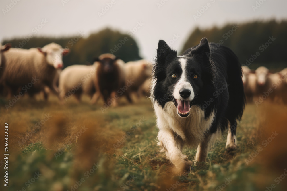 Fototapeta premium Boder collie dogs running after sheep in a beautiful field, ai generated.