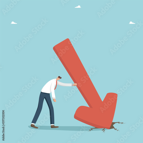 Financial difficulties, decrease in the value of business or company shares, stock market crash, economic crisis, business failure and loss of cash, lose investments, a man stands near a fallen arrow.