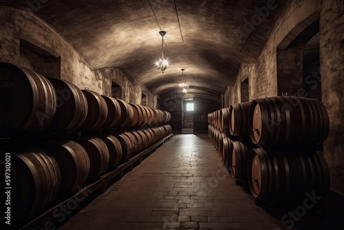 illustration, cellar with wine barrels, ai generative.