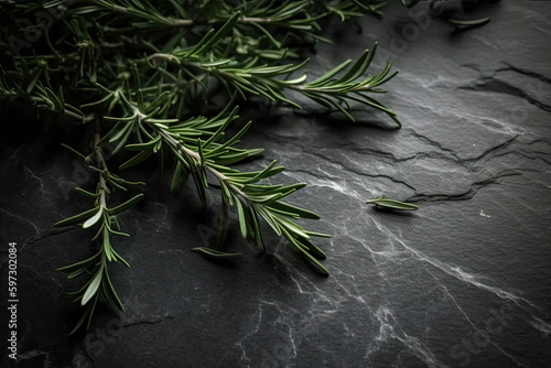 Sleek Slate Background with Tiny Sprigs in Bottom Right of Image.