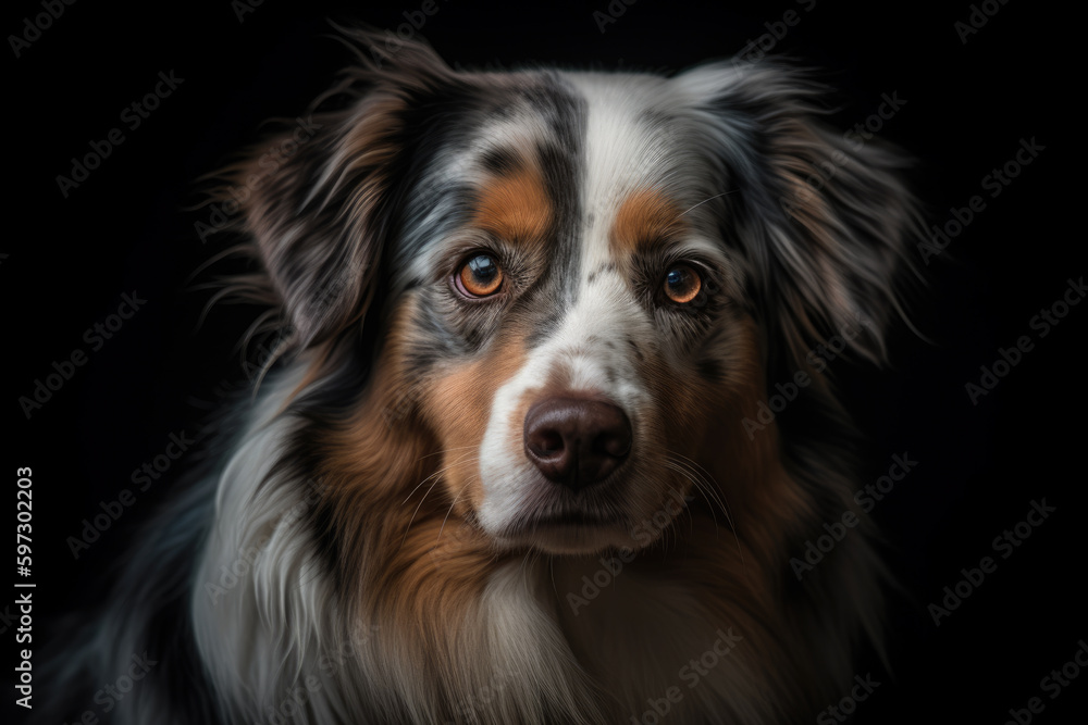 australian shepherd dog looking at the camera, black background, ai generated. australian shepherd dog looking at the camera, black background, ai generated.