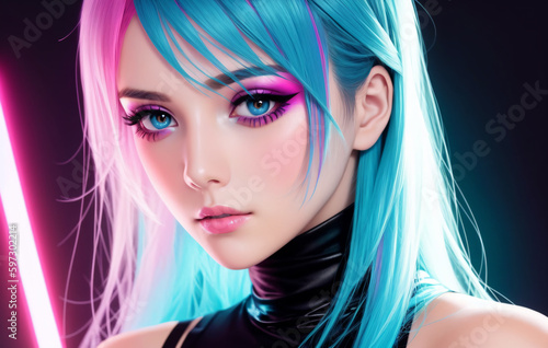 Portrait of a beautiful girl with a bright hairstyle in neon light. Generative AI.