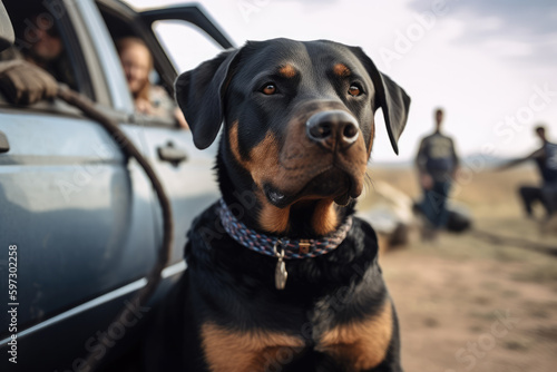 image showing the dog Rottweiler sitting next to a policeman looking at the camera, ai generated.