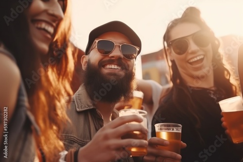 Vibrant social scene at an outdoor festival concert, with a cheerful crowd enjoying the atmosphere and each other's company. People can be seen drinking beer and having a good time Generative AI