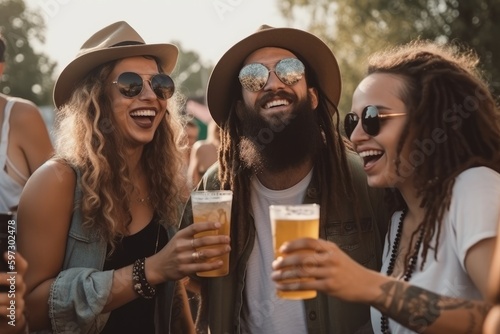 Vibrant social scene at an outdoor festival concert, with a cheerful crowd enjoying the atmosphere and each other's company. People can be seen drinking beer and having a good time Generative AI