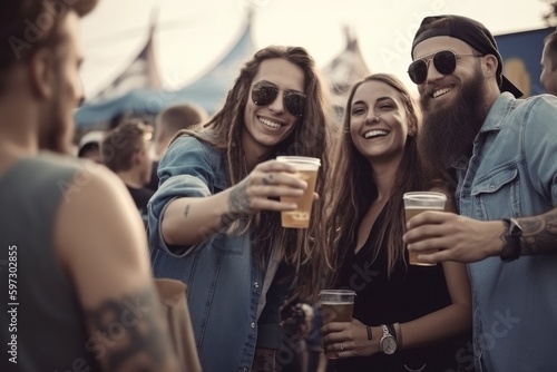 Vibrant social scene at an outdoor festival concert  with a cheerful crowd enjoying the atmosphere and each other s company. People can be seen drinking beer and having a good time Generative AI