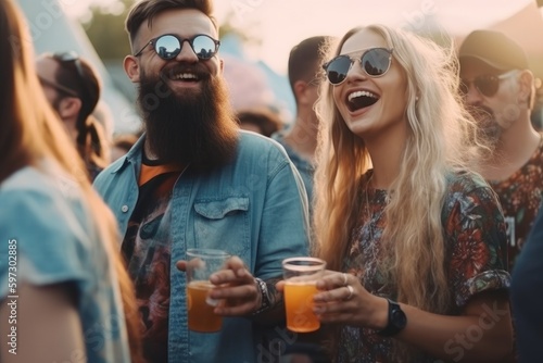 Vibrant social scene at an outdoor festival concert, with a cheerful crowd enjoying the atmosphere and each other's company. People can be seen drinking beer and having a good time Generative AI