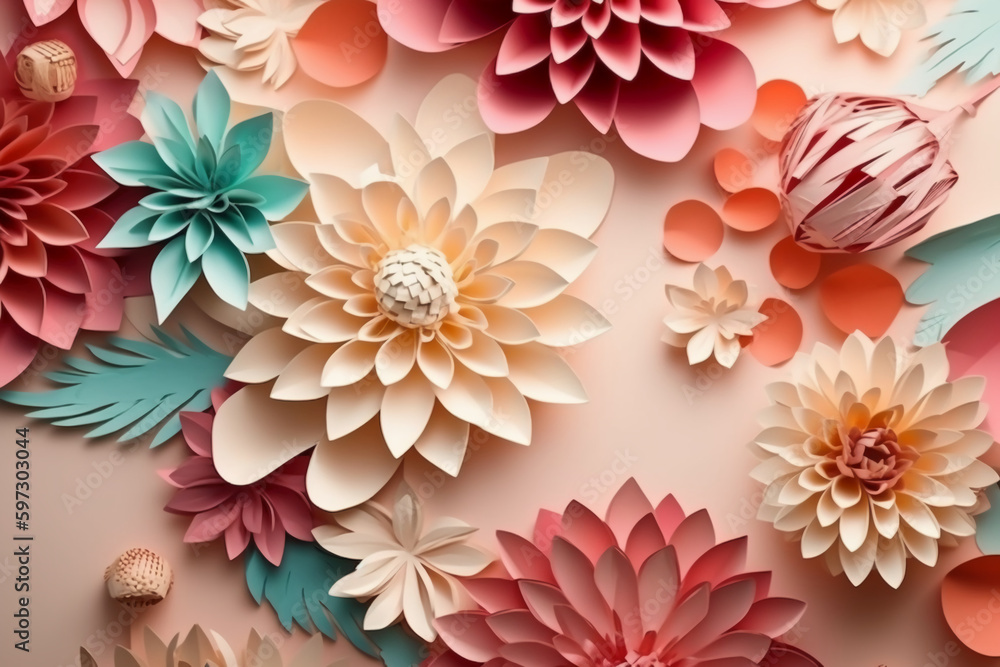 Seamless Paper Craft, layered art of flowers, copyspace. AI generative