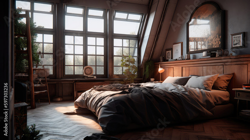 Stylish bedroom with geometric window in Mars. Generative AI