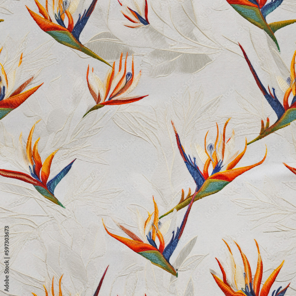 Fototapeta premium MOZANI STUDIO - REPEATING SEAMLESS TEXTURE Fashion Statement The World of Embroidery Tropical Flowers on White Denim