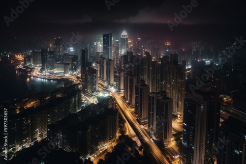 Nighttime cityscape. Panoramic skyline of metropolitan area. Generative AI