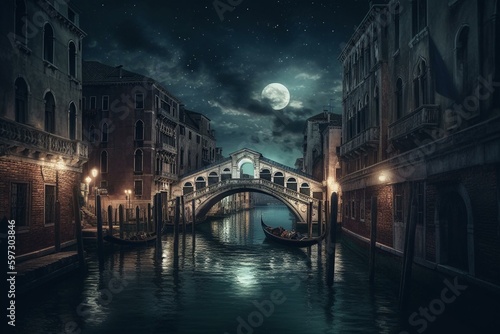 A watercolor painting of Venice at night, featuring canals, gondolas, and a bridge. Generative AI