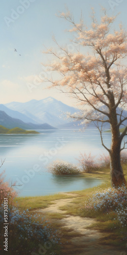 beautiful oil painting depicts a serene morning scene with a vast. AI generative