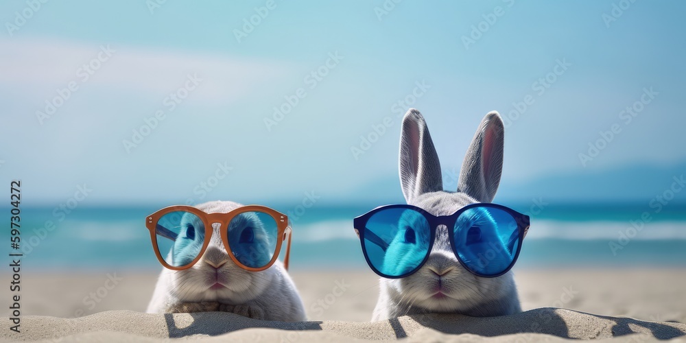 Animals at the resort on their vacation in sunglasses and with a travel case nearby, bunny, generative ai