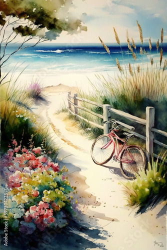 Breezy Beach Delight: A Watercolor Painting of a Coastal Scene with Wooden Fence, Flowers, and a Bicycle