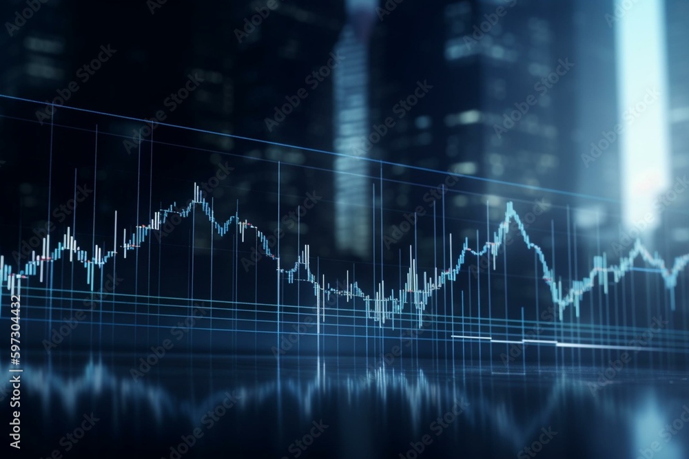 Illuminated forex chart on blurred backdrop. Deals, capital, statistics. 3D model. Generative AI