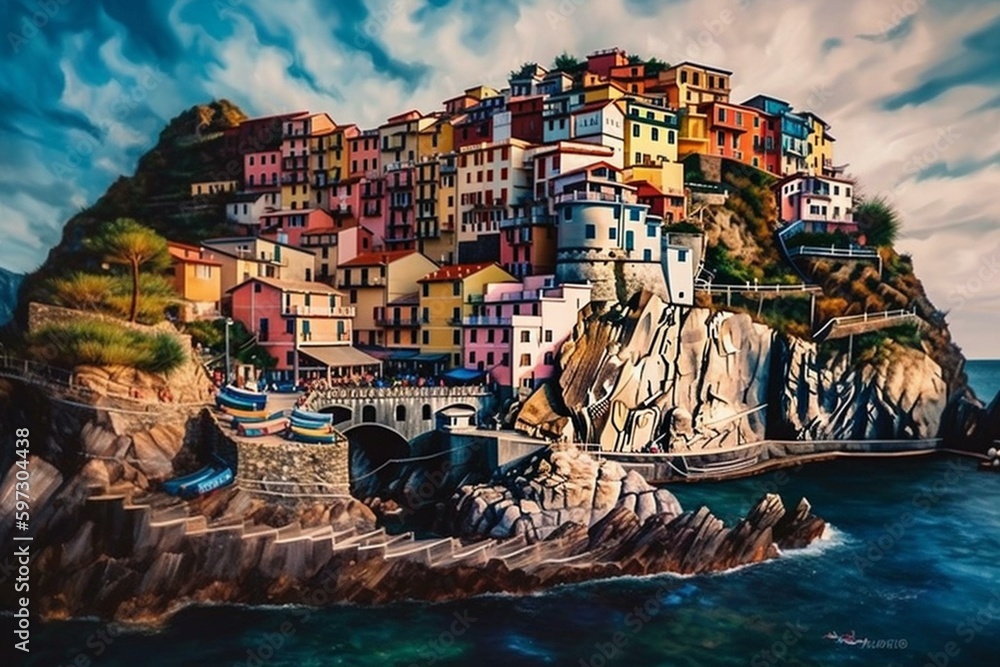 Oil painting of Manarola, a traditional Italian resort town in Cinque Terre. Modern impressionist artwork perfect for canvas or poster. Generative AI