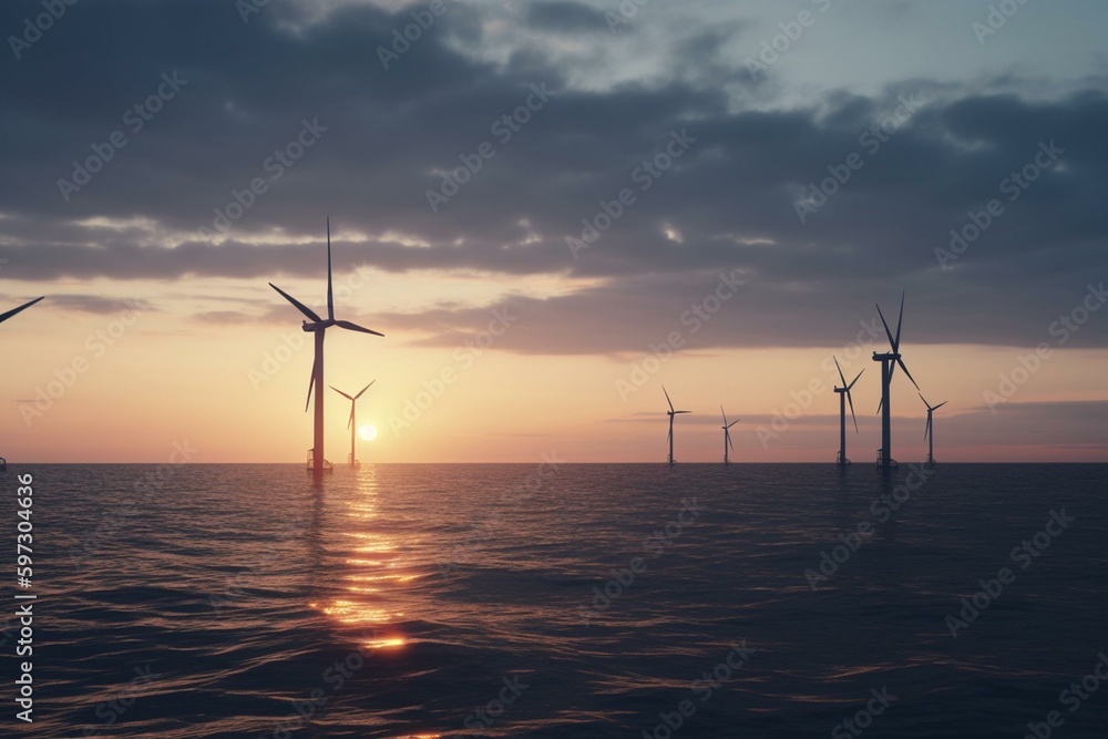 Wind turbines at sea during dusk, representing sustainable energy. Offshore wind farm. Generative AI