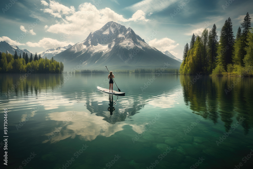 Person standing on paddleboard in the middle of a lake with mountains and trees in the background.. Generative Ai