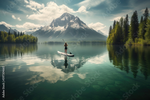 Person standing on paddleboard in the middle of a lake with mountains and trees in the background.. Generative Ai