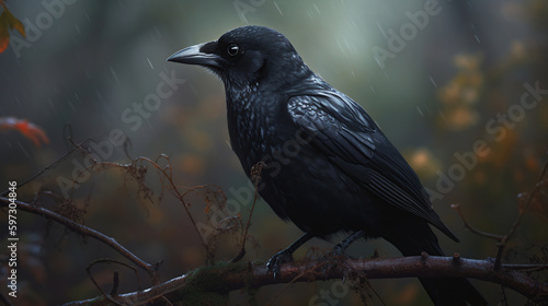 Creepy black crow croaking in scary forest, generative ai