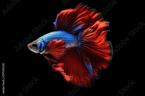 Siamese fighting fish with vibrant red and blue colors against a dark black background. Generative AI