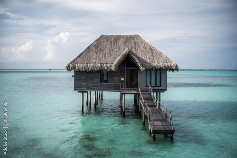 house on stilts standing over crystal clear waters in a tropical paradise. Generative AI