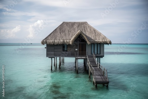 house on stilts standing over crystal clear waters in a tropical paradise. Generative AI