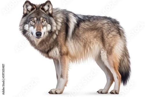 majestic gray wolf standing on a plain white background. Generative AI