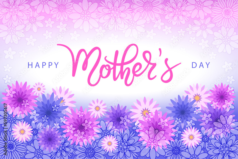 Spring floral banner with pink and purple flowers. Happy Mother's Day hand written lettering. Modern elegant calligraphy. Vector design template for greeting card, poster, wallpaper.