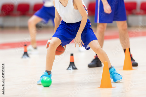 Kid basketball training. Boys practicing basketball on training session. Horizontal sport theme poster, greeting cards, headers, website and app