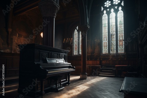 Gothic church with grand piano. Generative AI © Kato