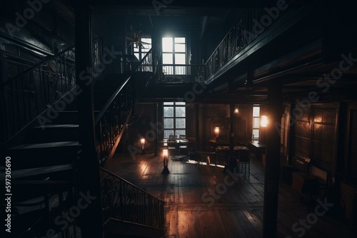 Dramatic cinematic lighting creates a dark atmosphere from a view above. Generative AI