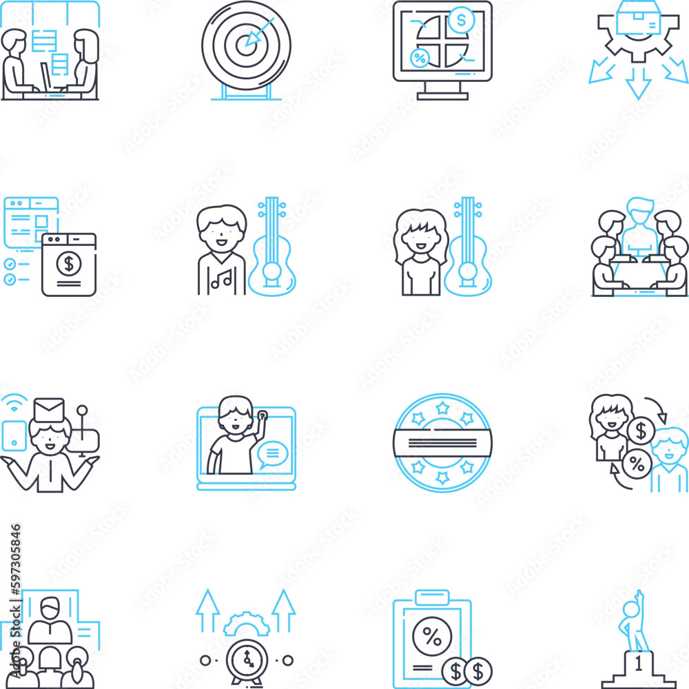 Office space linear icons set. Desk, Chair, Meeting, Collaboration, Coffee, Ph, Printer line vector and concept signs. File,Bookshelf,Statiry outline illustrations