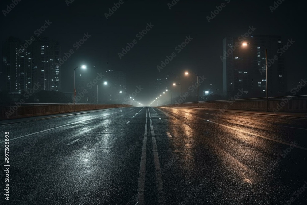 A lone drive during the quiet of night on an empty roadway. Generative AI