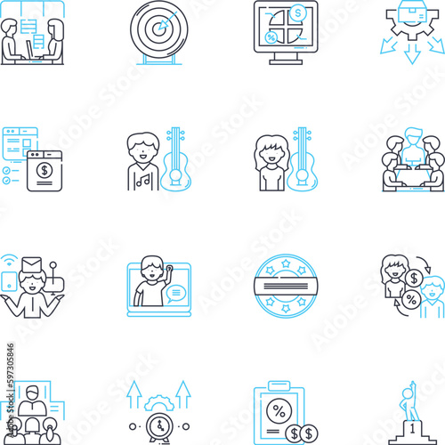 Office space linear icons set. Desk, Chair, Meeting, Collaboration, Coffee, Ph, Printer line vector and concept signs. File,Bookshelf,Statiry outline illustrations