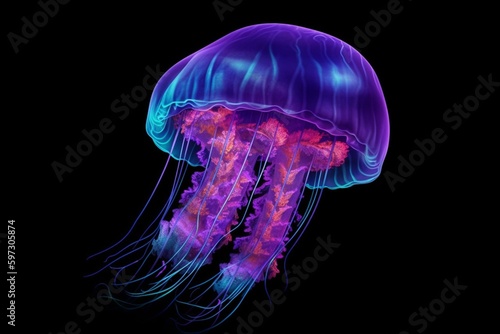 Watercolor jellyfish in bright neon colors isolated on black background. Vivid large illustration in magic style with purple, blue, violet, pink and colorful fluid glow underwater. Generative AI