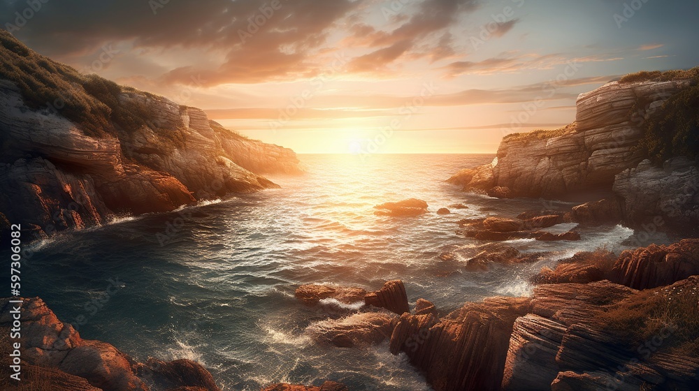 coastal view with rocks and cliffs and sunset
