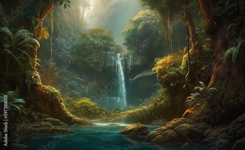 Waterfall in tropical jungle. Cascade waterfall in green tree tropical forest. Generative AI