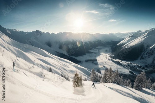 A beautiful winter panoramic view of the Wildkogel ski resort in Austria with a skier on the slope. Generative AI photo