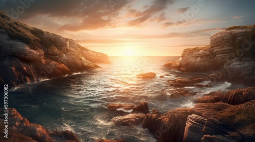 coastal view with rocks and cliffs and sunset