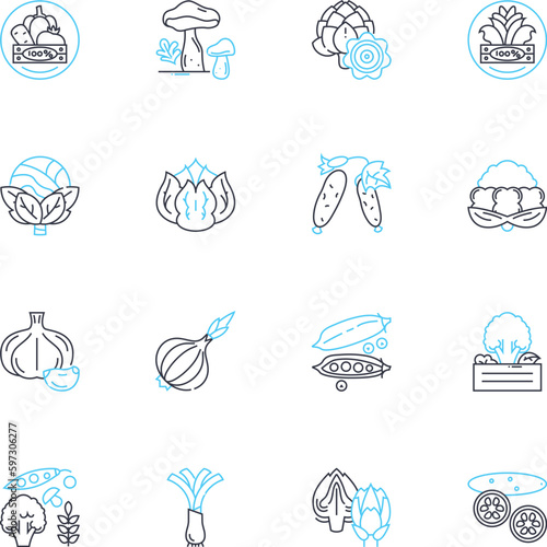 Produce linear icons set. Fresh, Organic, Locally-sourced, Seasonal, Sustainable, Juicy, Nourishing line vector and concept signs. Vibrant,Nutritious,Abundant outline illustrations