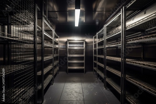 Empty metal shelves and refrigerated space. Generative AI