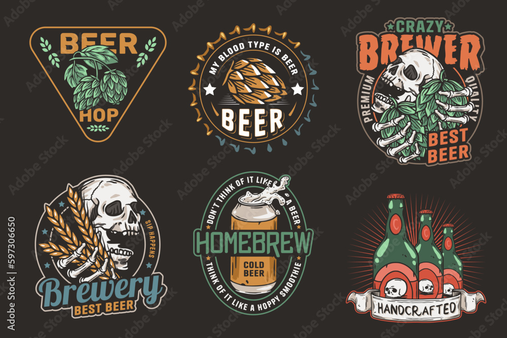 Beer set of brew emblems or craft beer logos with beer cap, can, hop, skeleton and bottle. Labels or prints with skull, beer glass and barly for bar, pub or brewery shop