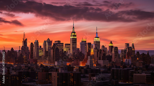 Amazing panorama view of New York city skyline and skyscraper at sunset. Beautiful night view in Midtown Manhatton, generative ai