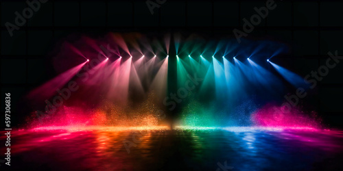 a stage with colorful lights on black background