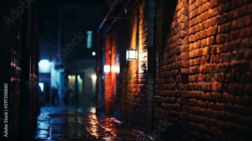 illustration  street old brick wall decorated with night lanterns  ai generative